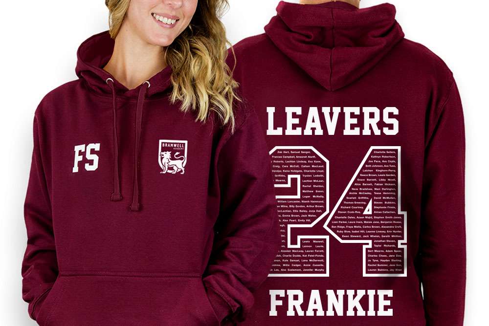 leavers hoodie with a school logo and 24 printed on the back