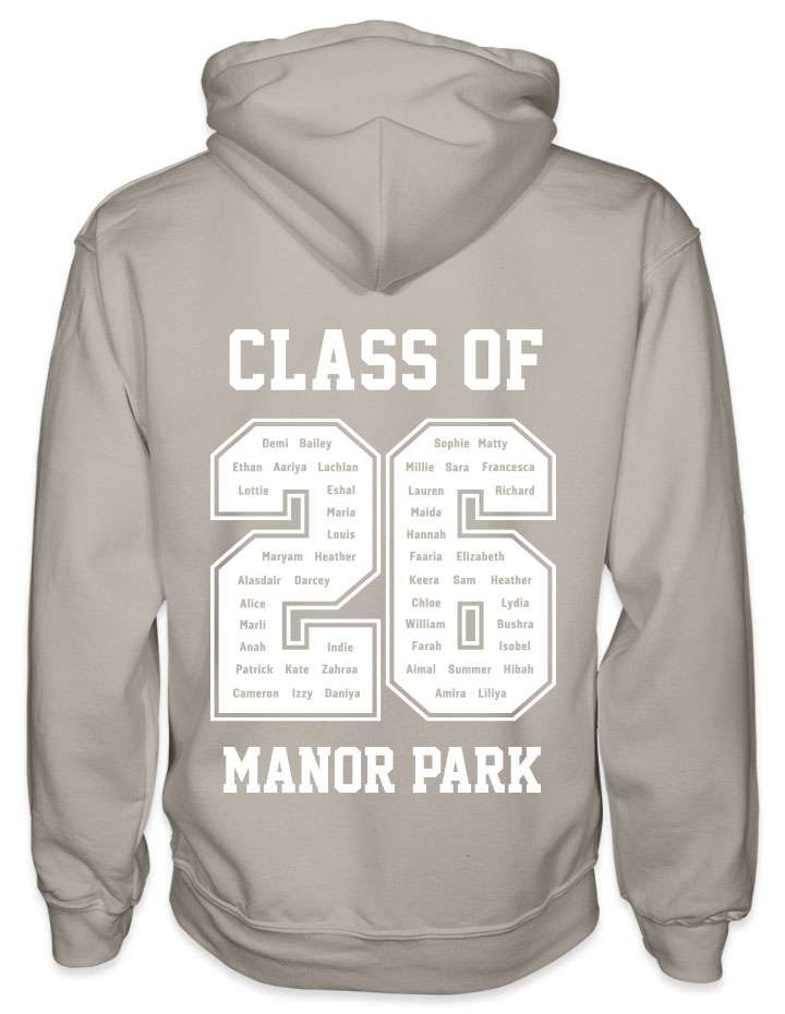 leavers hoodies rounded font design with class of printed across shoulders, names in a number 26, school name printed at the bottom