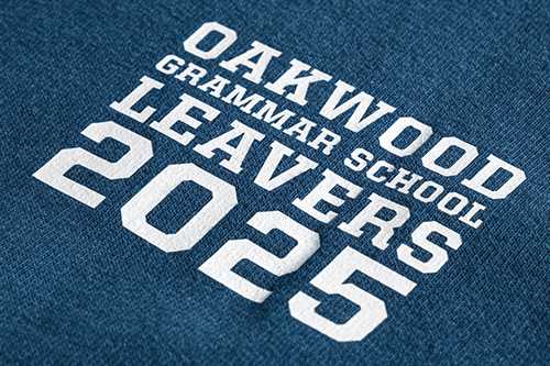 close-up photo of a printed school leavers hoodie design on the front left chest area