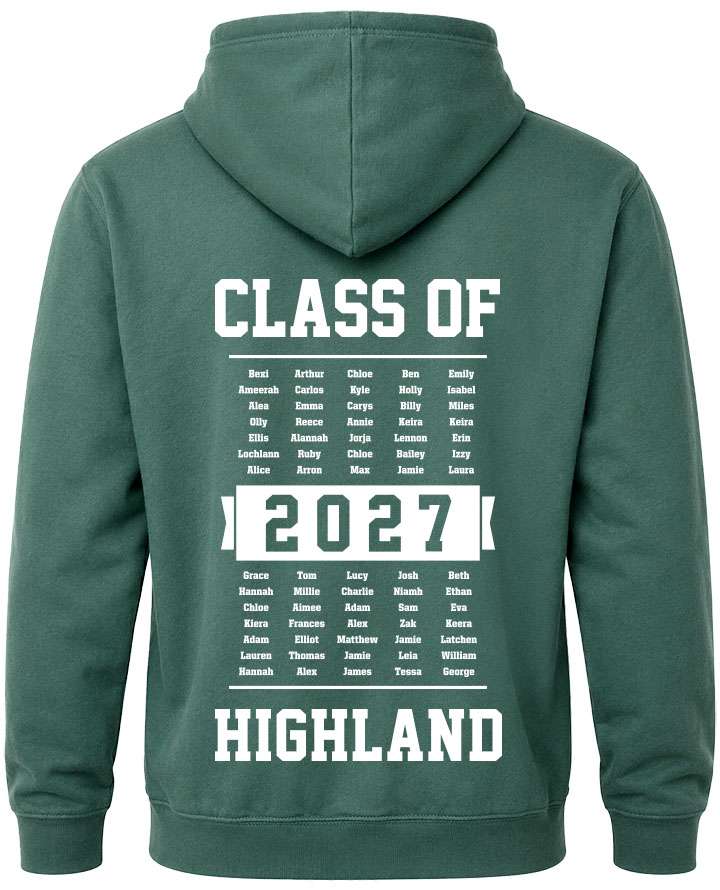 leavers hoodies year group list of names background design with class of printed across shoulders, names in a school class list, school name printed at the bottom