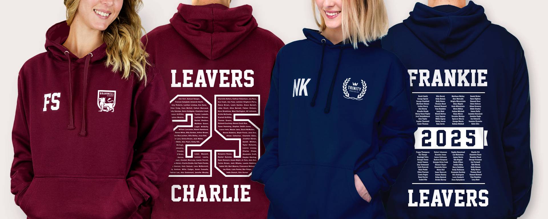 Students in colourful school leavers hoodies with a large 25 printed on the back