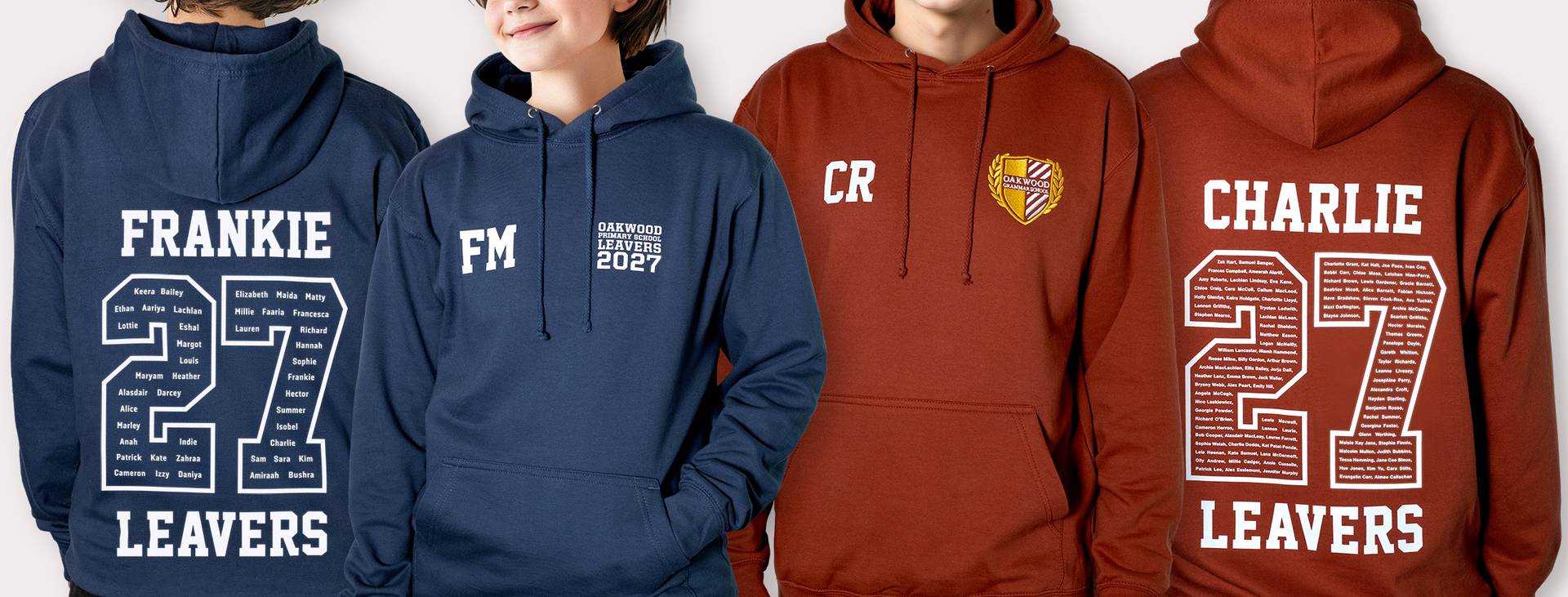 Leavers Hoodies 2027 Primary and secondary school students in leavers hoodies with a large "27" leavers design printed on the back