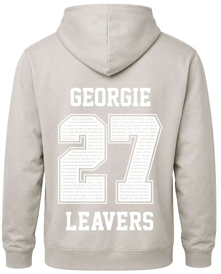 leavers hoodies rounded font design with leavers printed across shoulders, names in a number 27, nickname printed at the bottom