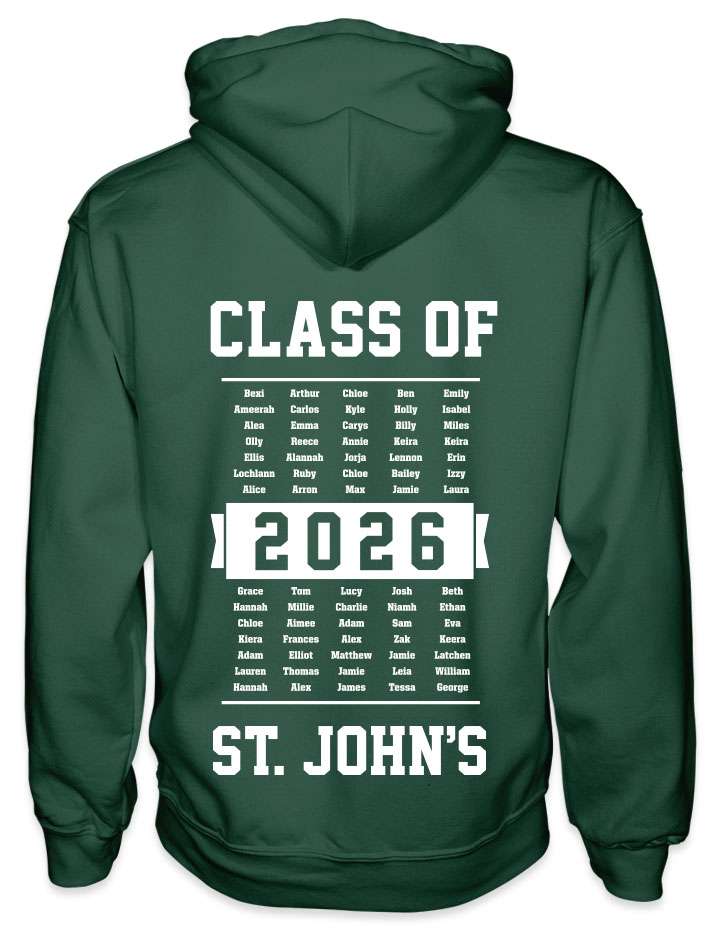 leavers hoodies year group list of names background design with class of printed across shoulders, names in a school class list, school name printed at the bottom