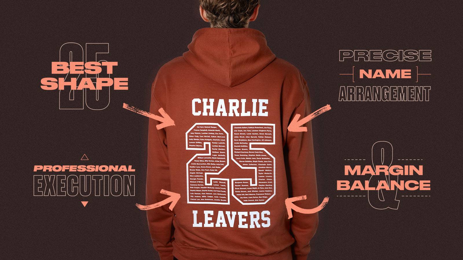 the back of a school leavers hoodie showing the names in the number 25 print with an individual name across the shoulders and the word "leavers" printed underneath