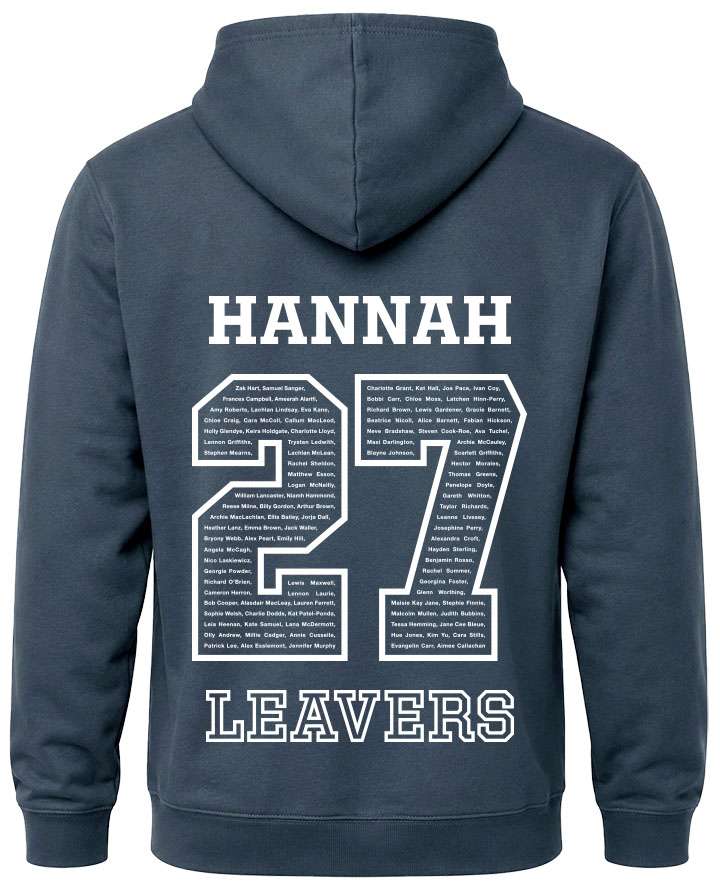 leavers hoodies solid white background design with leavers printed across shoulders, names in a number 27, nickname printed at the bottom