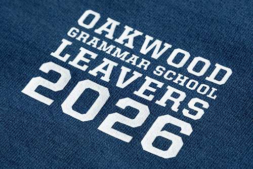 close-up photo of a printed school leavers hoodie design on the front left chest area