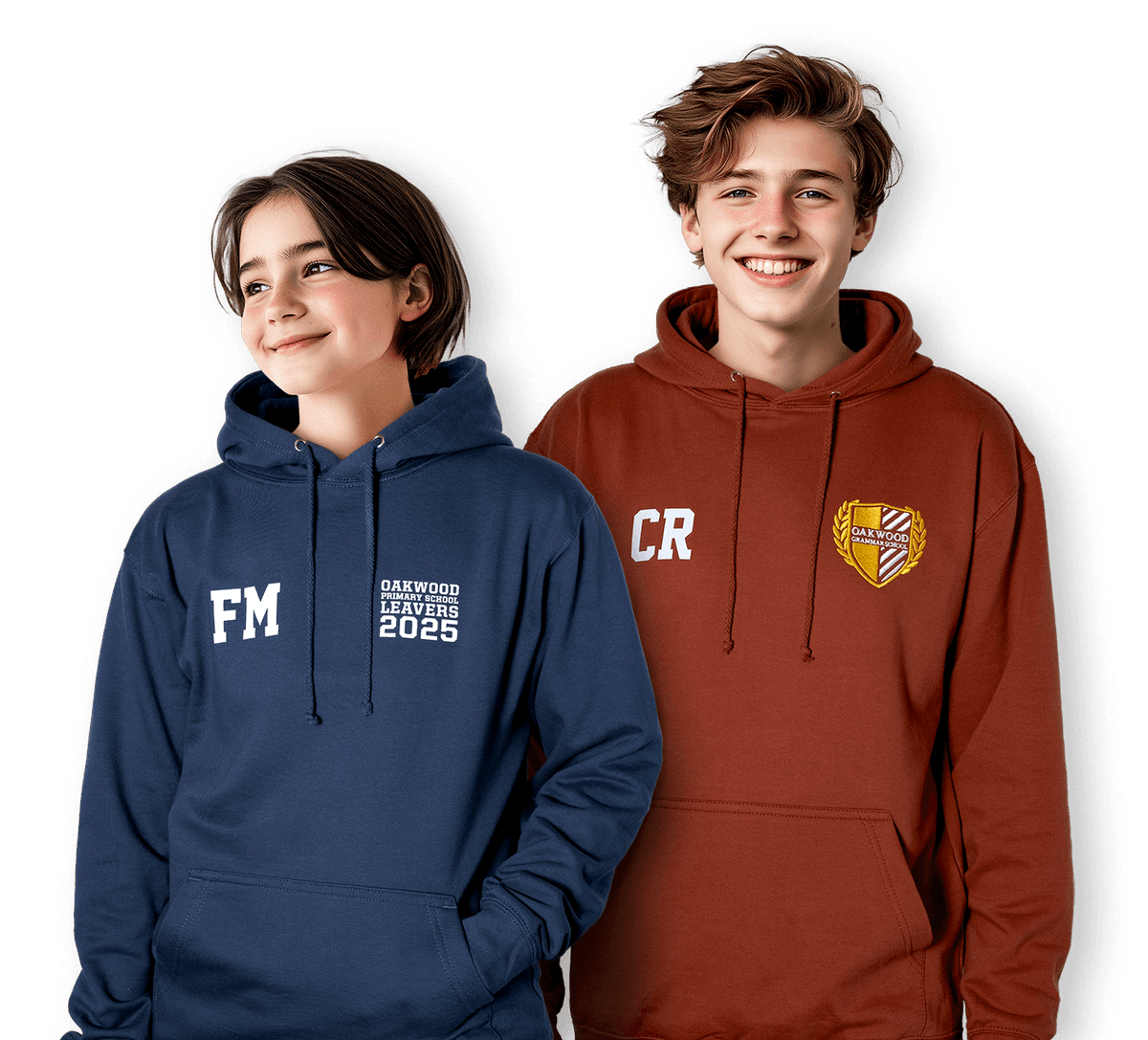 two students wearing school hoodies with a school logo printed on the front