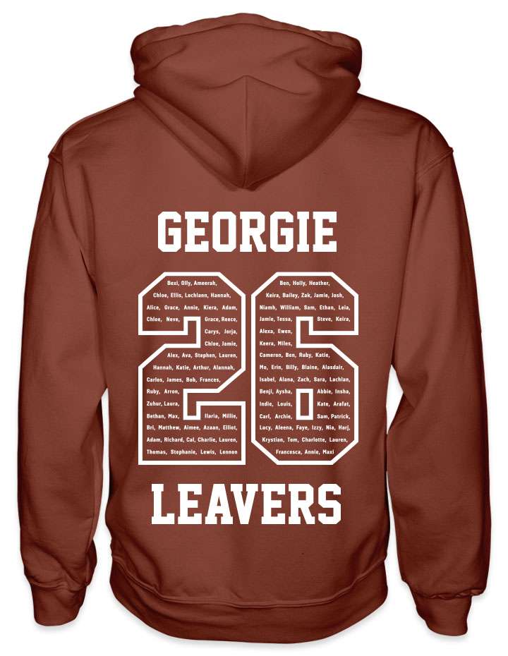 leavers hoodies classic varsity design with a nickname printed across shoulders, names in a number 26, leavers printed at the bottom