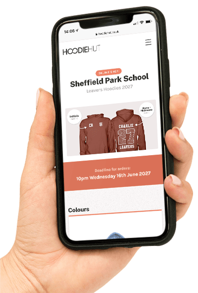 An example of a school's leavers hoodie online shop, displayed on a mobile device