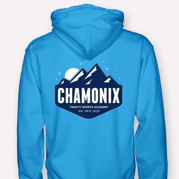 A ski trip hoodie design printed on the back of a hoodie