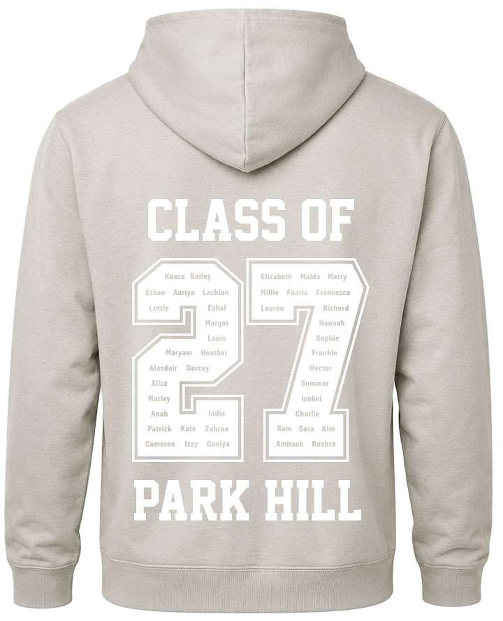 leavers hoodies rounded font design with class of printed across shoulders, names in a number 27, school name printed at the bottom
