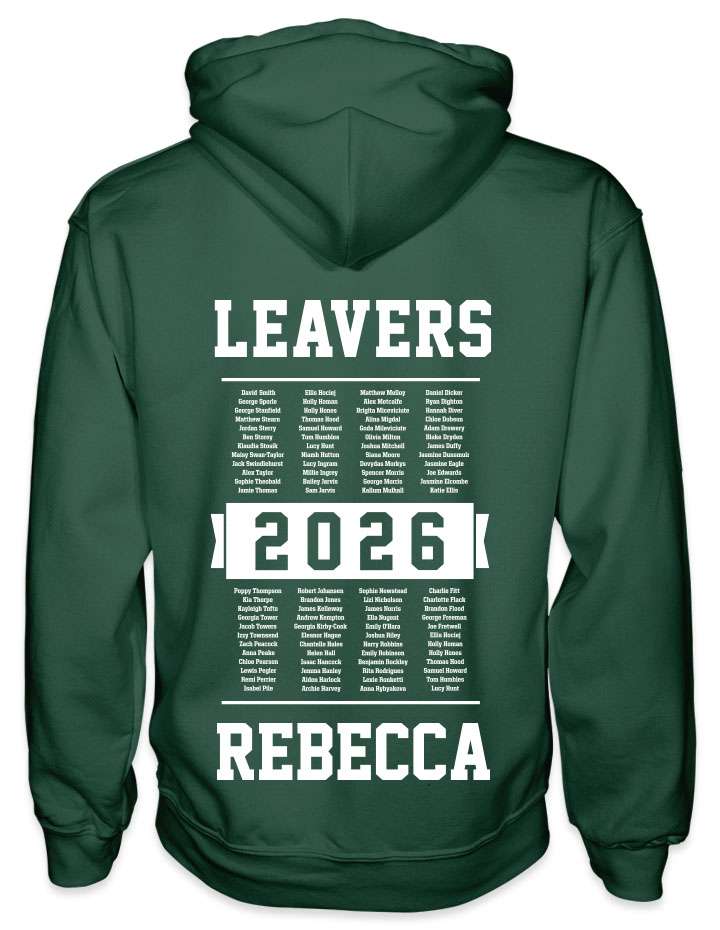 leavers hoodies year group list of names design with leavers printed across shoulders, names in a school class list, nickname printed at the bottom