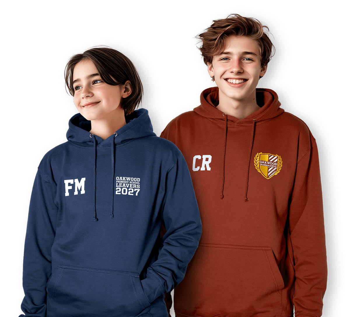 Printed Hoodies for Schools two students wearing school hoodies with a school logo printed on the front