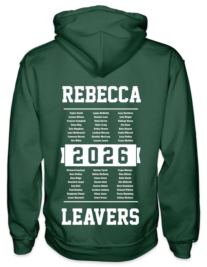 leavers hoodies year group list of names background design with a nickname printed across shoulders, names in a school class list, leavers printed at the bottom