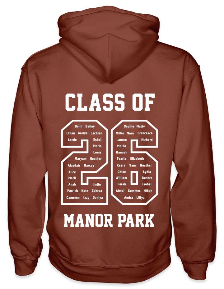 leavers hoodies classic varsity design with class of printed across shoulders, names in a number 26, school name printed at the bottom