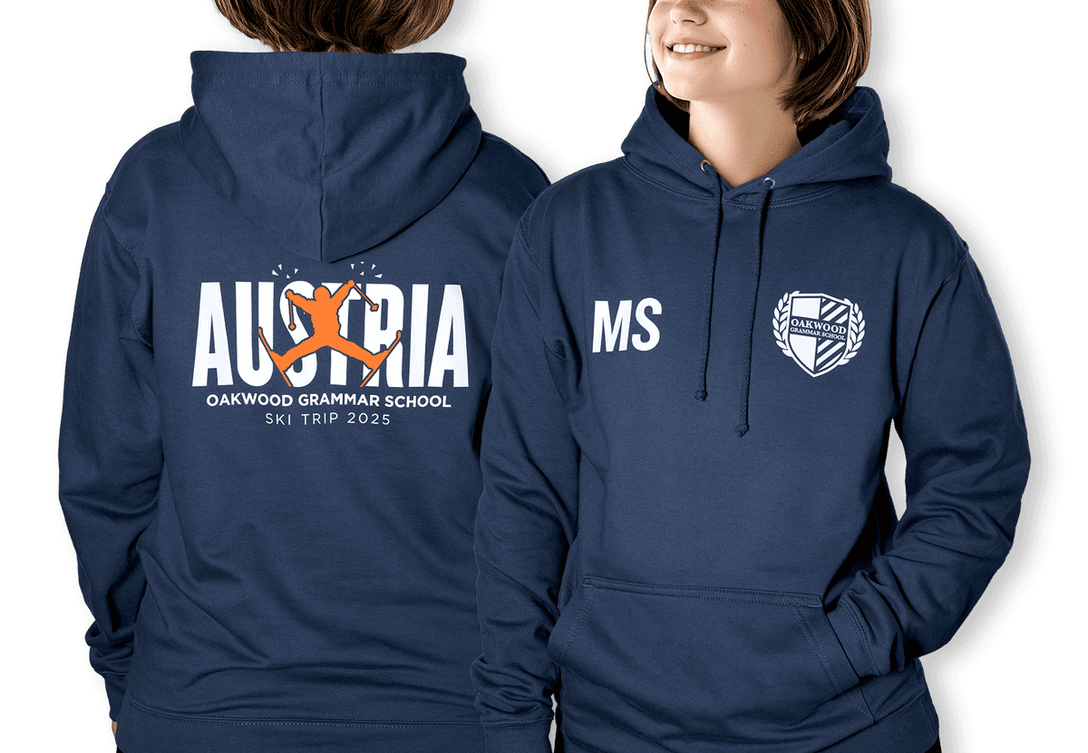 ski hoodies with a school logo and ski trip design printed on the back