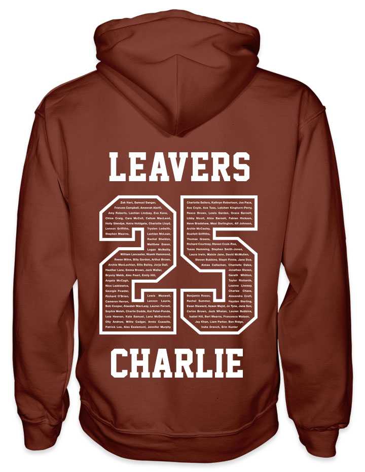 leavers hoodies classic varsity design with leavers printed across shoulders, names in a number 25, nickname printed at the bottom