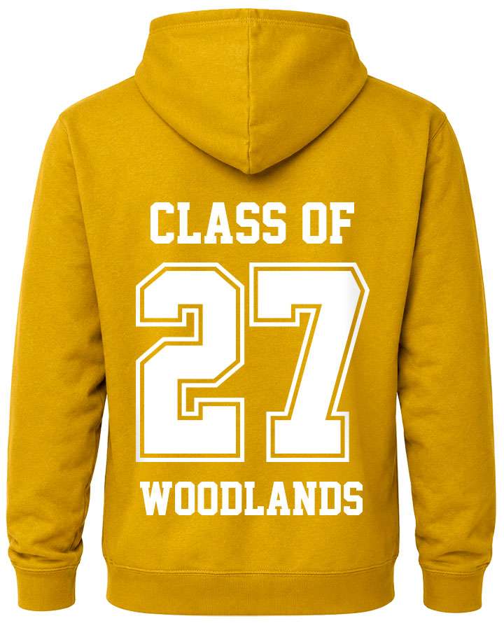 leavers hoodies solid 27 background design with class of printed across shoulders, solid 27, school name printed at the bottom