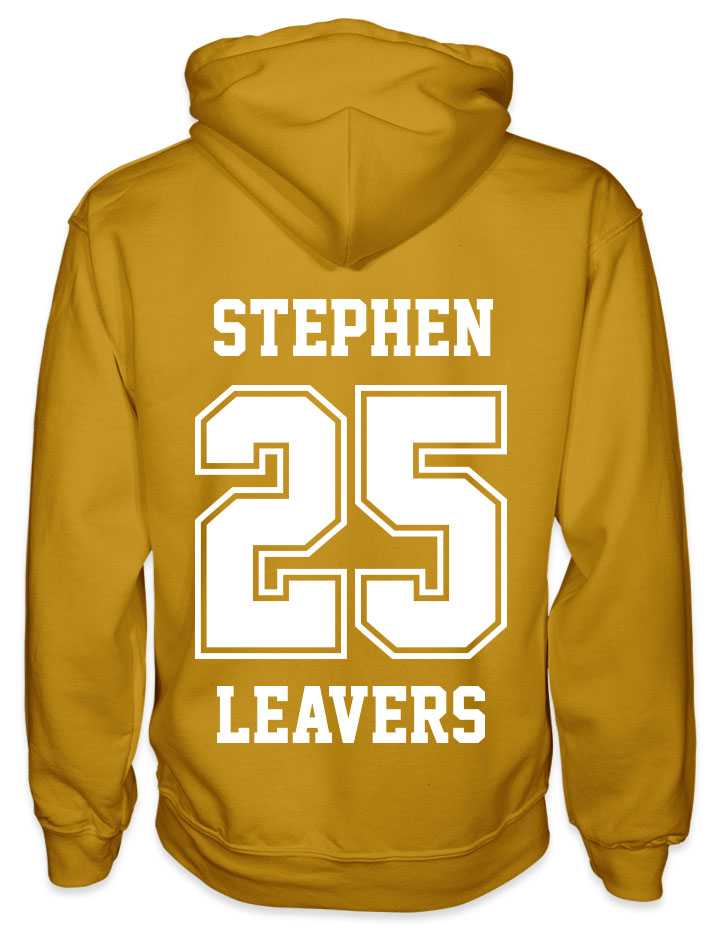 leavers hoodies solid 25 background design with a nickname printed across shoulders, solid 25, leavers printed at the bottom