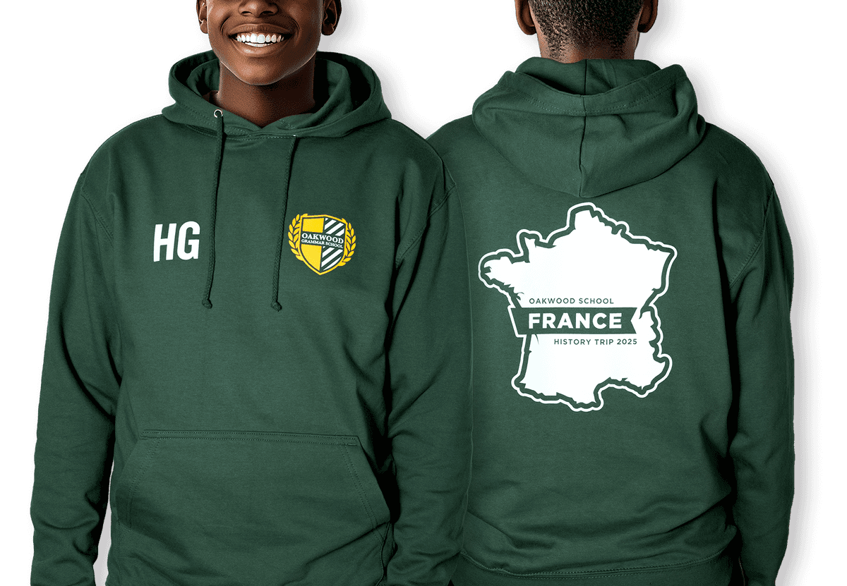 school trip hoodie with a school logo and a school trip design printed on the back