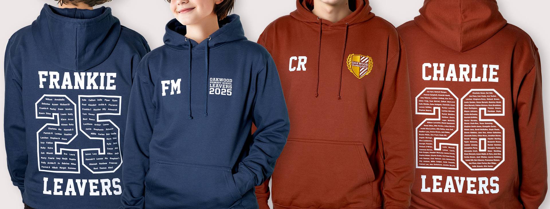 Leavers Hoodies 2026 Primary and secondary school students in leavers hoodies with a large "26" leavers design printed on the back