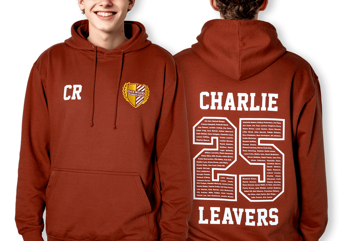 leavers hoodie with a school logo and 25 printed on the back