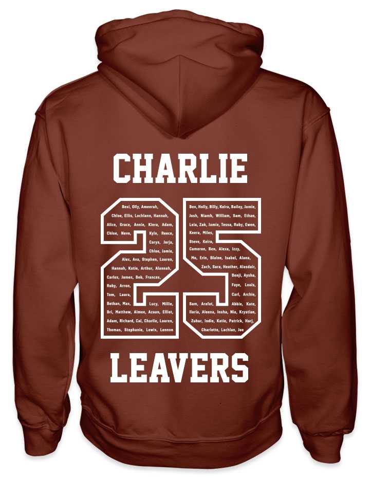 leavers hoodies classic varsity design with a nickname printed across shoulders, names in a number 25, leavers printed at the bottom