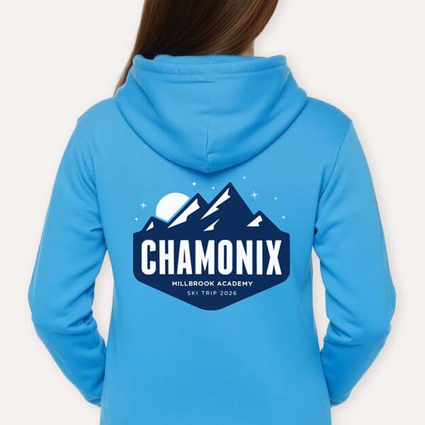 A ski trip hoodie design printed on the back of a hoodie