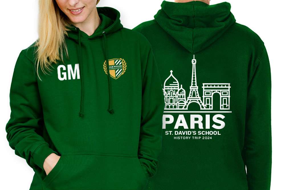 school trip hoodie with a school logo and a school trip design printed on the back