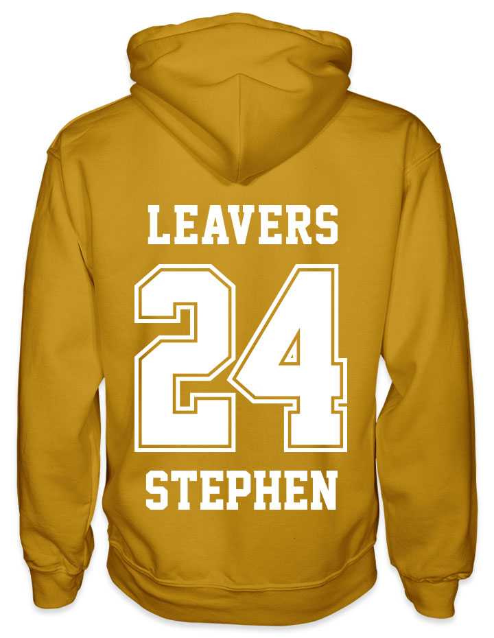 leavers hoodies solid 24 design with leavers printed across shoulders, solid 24, nickname printed at the bottom