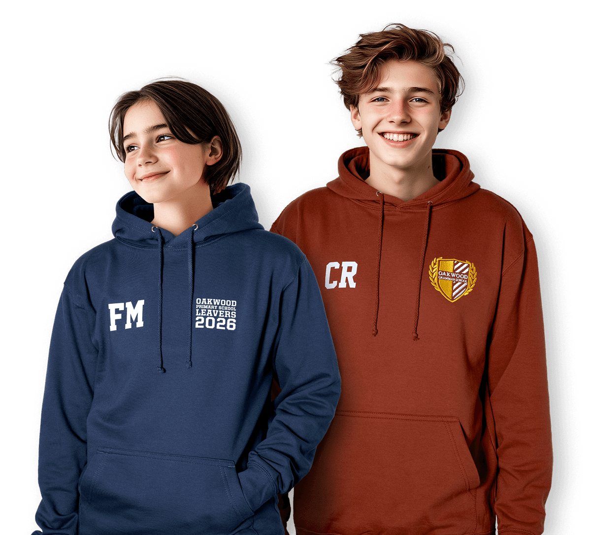 Printed Hoodies for Schools two students wearing school hoodies with a school logo printed on the front