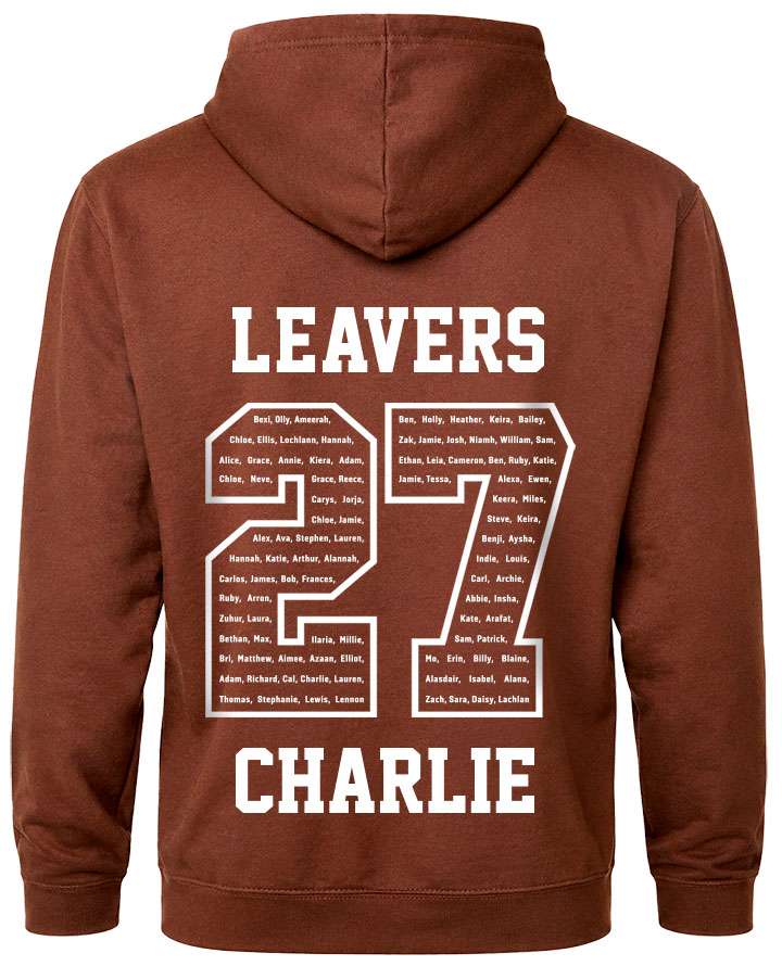 leavers hoodies classic varsity design with a nickname printed across shoulders, names in a number 27, leavers printed at the bottom
