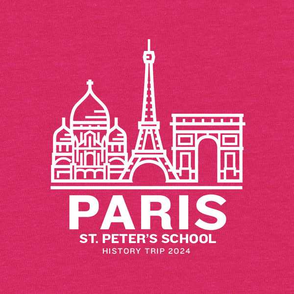 School trip hoodie design with an illustrated skyline of Paris