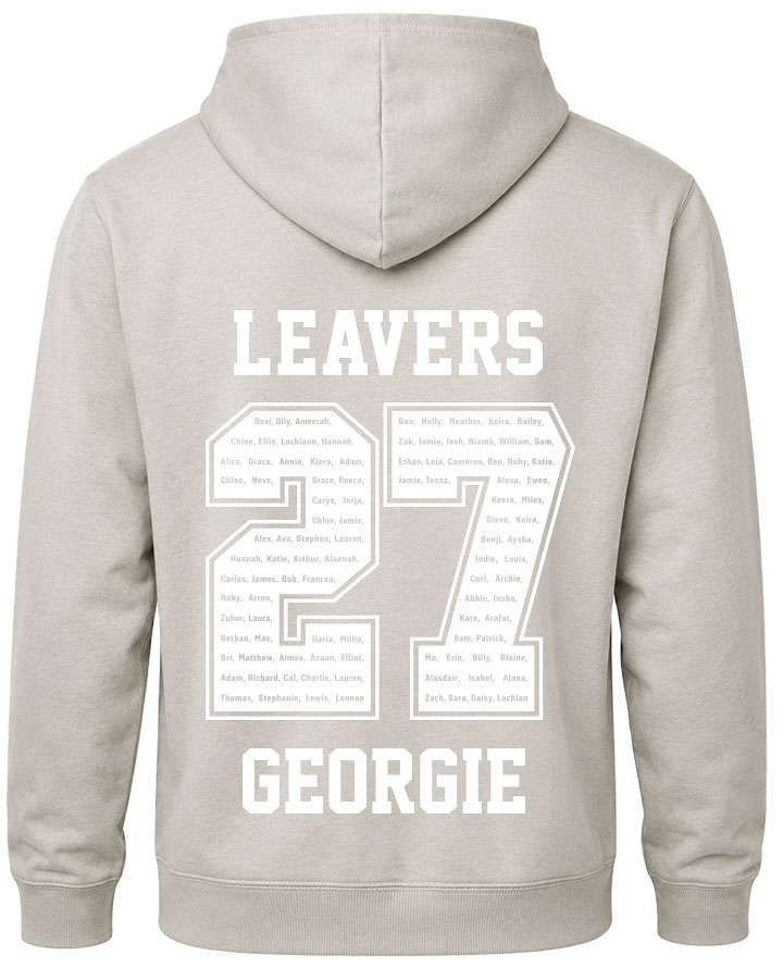 leavers hoodies rounded font design with a nickname printed across shoulders, names in a number 27, leavers printed at the bottom