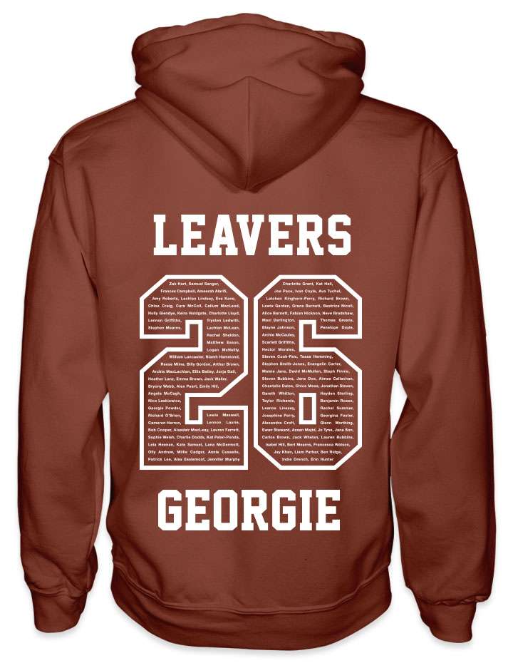 leavers hoodies classic varsity design with leavers printed across shoulders, names in a number 26, nickname printed at the bottom